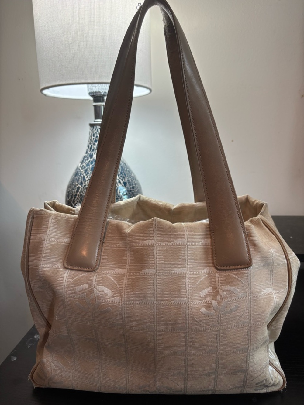 Authentic Chanel New Travel Line MM Tote Bag in Classic Beige